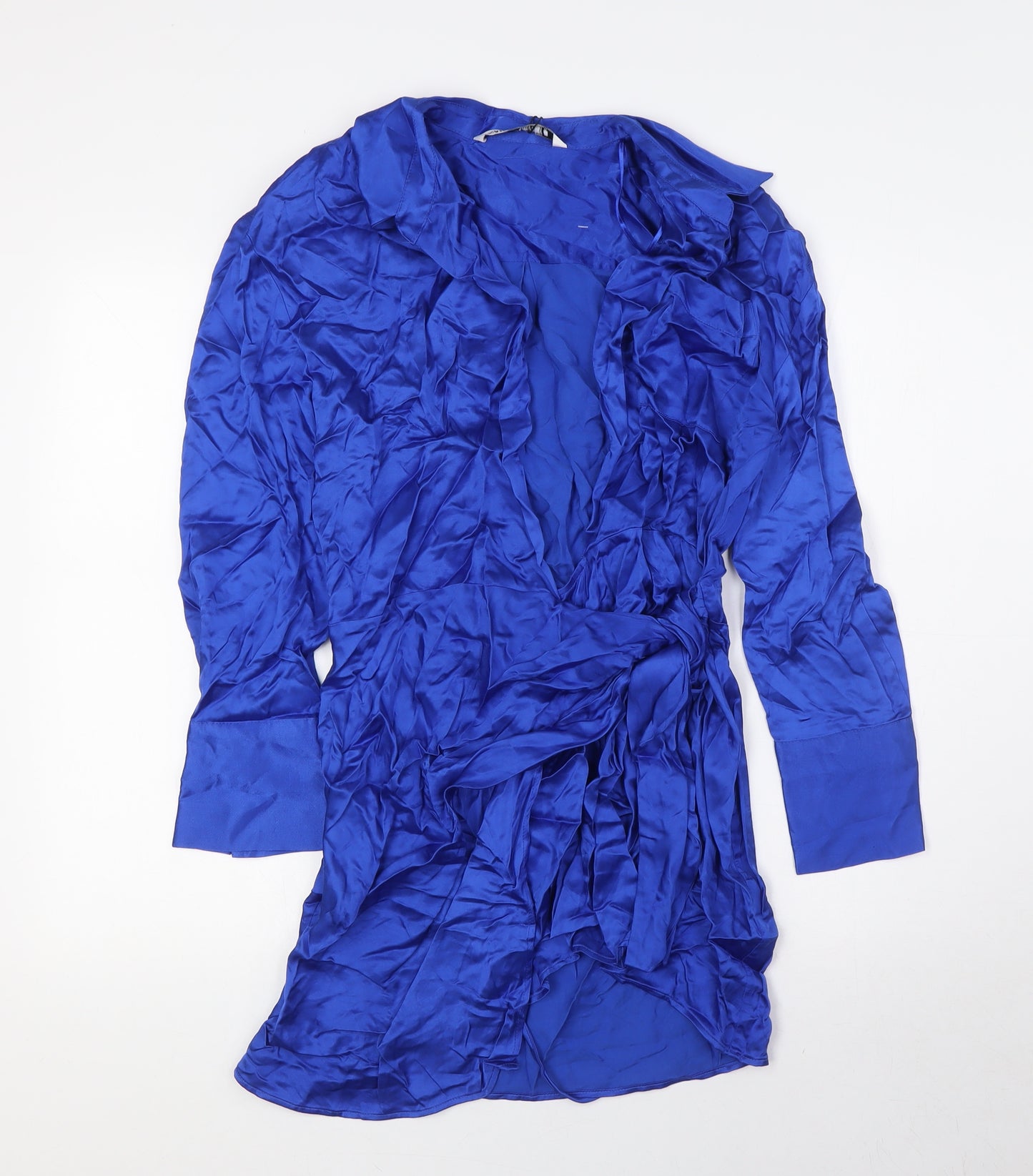 Zara Womens Blue Viscose Wrap Dress Size M V-Neck Tie - Collared