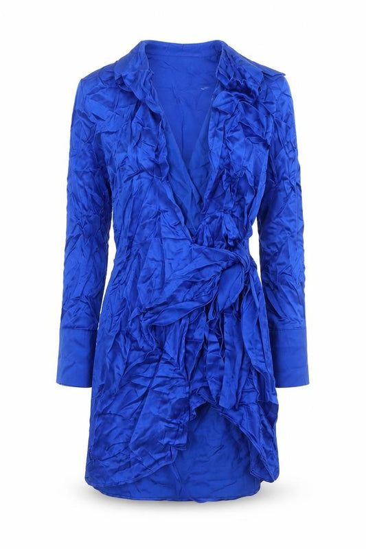 Front view of Zara women’s blue viscose wrap dress, size M, v-neck tie - collared