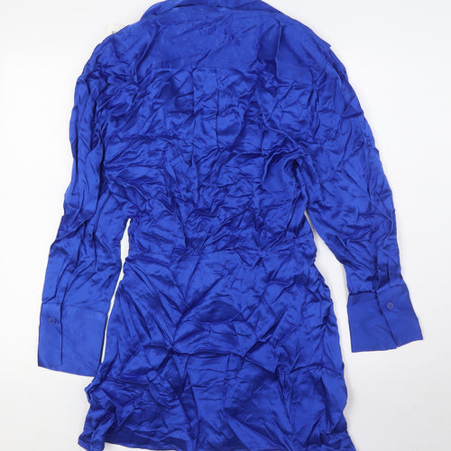 Zara Womens Blue Viscose Wrap Dress Size M V-Neck Tie - Collared