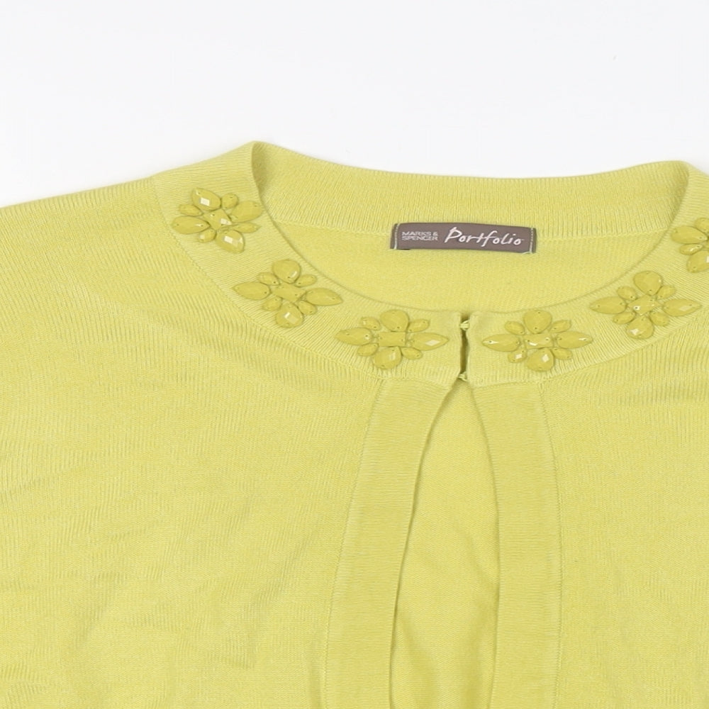 Marks and Spencer Womens Green Round Neck Acrylic Cardigan Jumper Size 18 - Hook Closing, Beaded