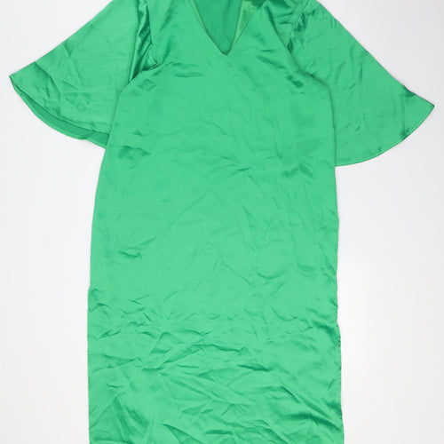 Zara Womens Green Polyester A-Line Size M V-Neck
