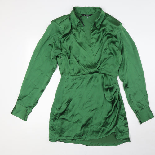 Zara Womens Green Polyester Wrap Dress Size S V-Neck Zip - Collared