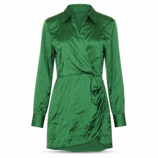 Front view of Zara women’s green polyester wrap dress, size S, v-neck zip - collared