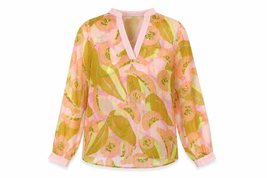 Front view of Numph women’s multicoloured fair isle polyester basic blouse, size UK 6, v-neck - sheer