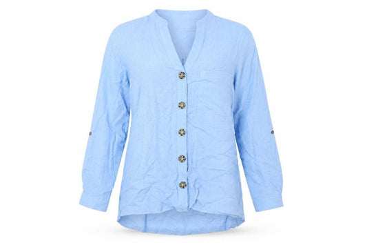 Front view of Wallis women’s blue viscose basic button-up, size UK 12, v-neck - pocket