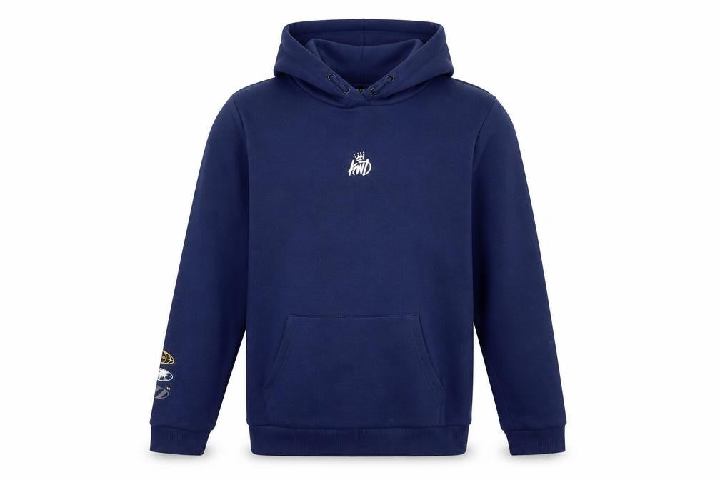 Front view of Kings Will Dream boys’ blue polyester pullover hoodie, size XL