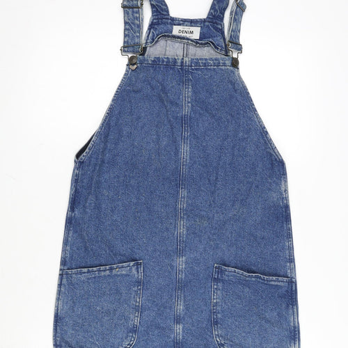 New Look Womens Blue Cotton Pinafore/Dungaree Dress Size 6 Square Neck Snap - Ajustable Straps
