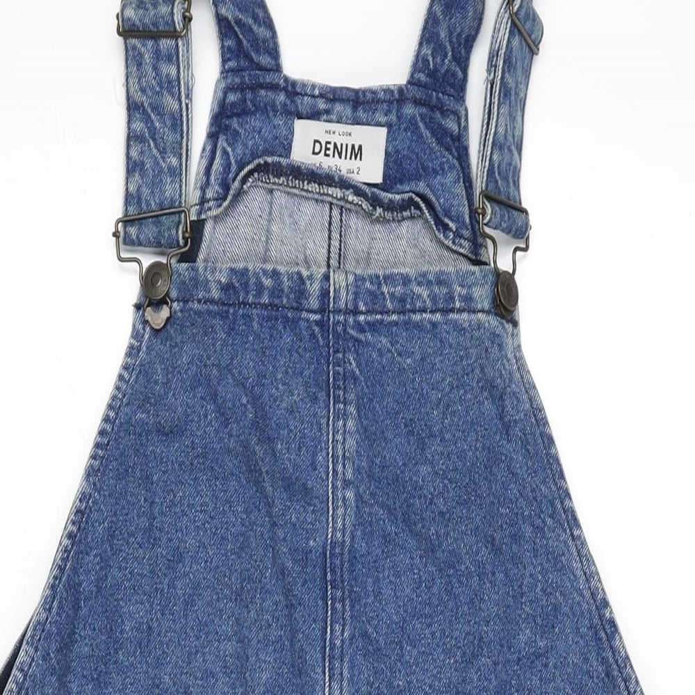 New Look Womens Blue Cotton Pinafore/Dungaree Dress Size 6 Square Neck Snap - Ajustable Straps