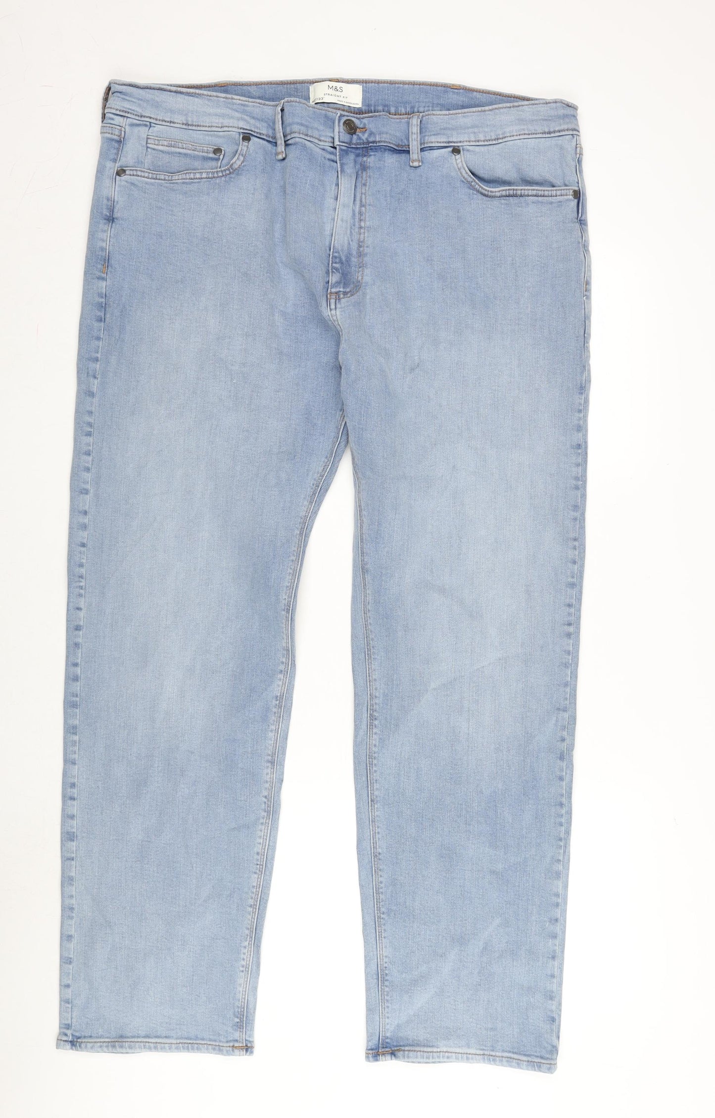 Marks and Spencer Mens Blue Cotton Blend Straight Jeans Size 42 in L33 in Regular Zip