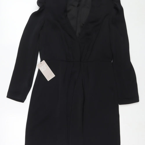 H&M Womens Black Polyester Jacket Dress Size 10 V-Neck Hook & Eye