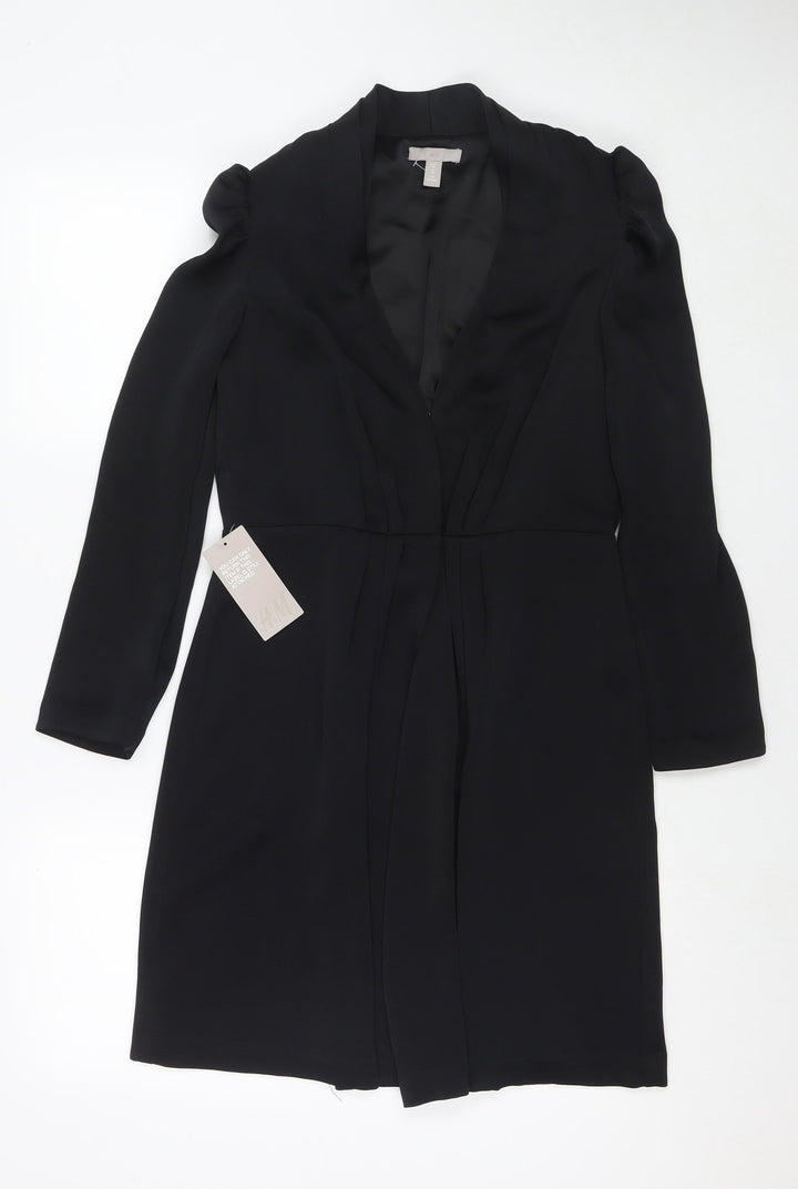 H&M Womens Black Polyester Jacket Dress Size 10 V-Neck Hook & Eye