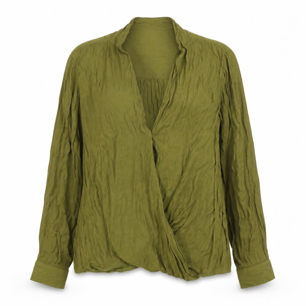 Front view of Topshop women’s green viscose basic blouse, size UK 10, v-neck