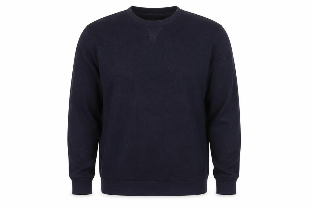Front view of Zara men’s blue cotton pullover sweatshirt, size M
