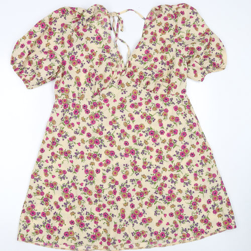 Nobody's child Womens Beige Floral Polyester T-Shirt Dress Size 18 V-Neck Pullover