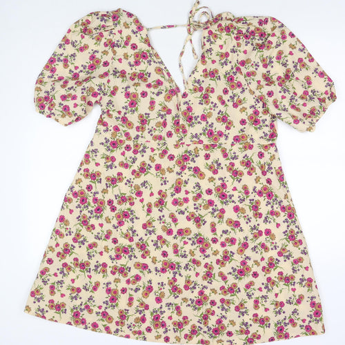Nobody's child Womens Beige Floral Polyester T-Shirt Dress Size 18 V-Neck Pullover