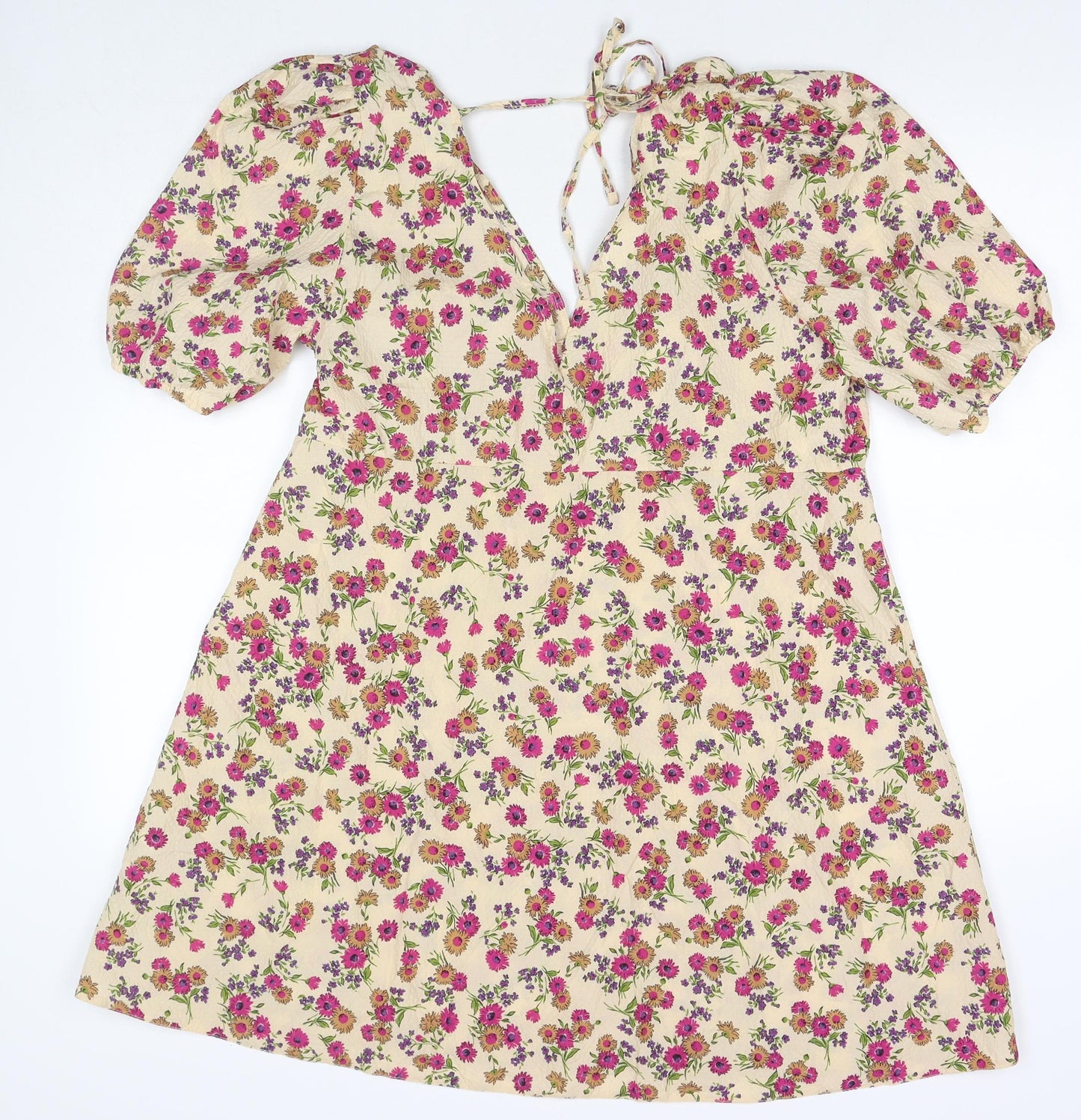 Nobody's child Womens Beige Floral Polyester T-Shirt Dress Size 18 V-Neck Pullover