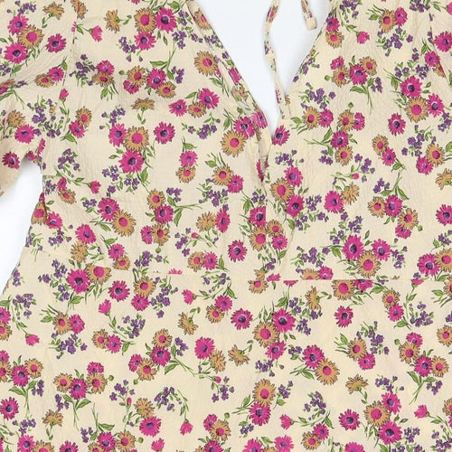 Nobody's child Womens Beige Floral Polyester T-Shirt Dress Size 18 V-Neck Pullover