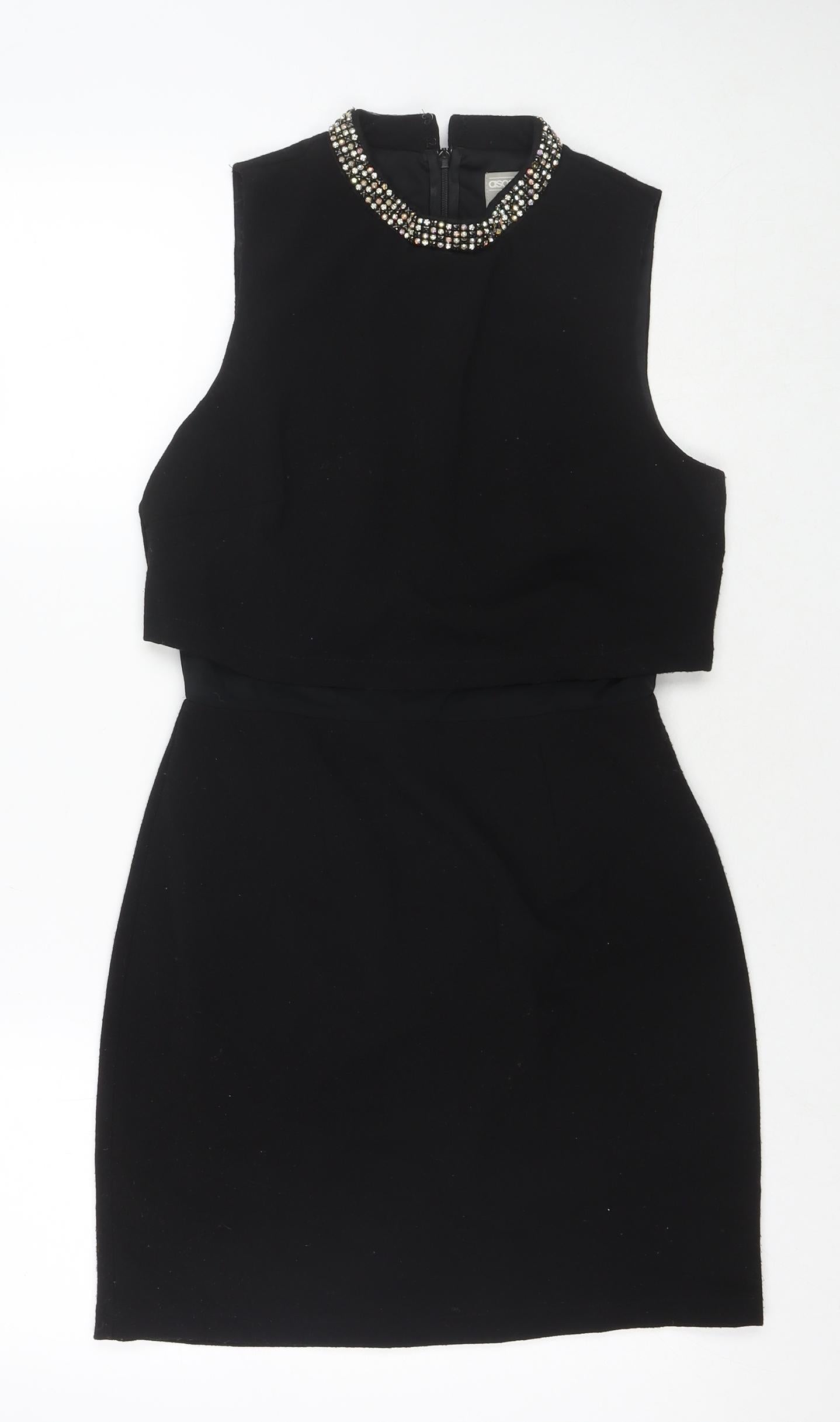ASOS Womens Black Polyester A-Line Size 10 Round Neck Zip - Jeweled Detail