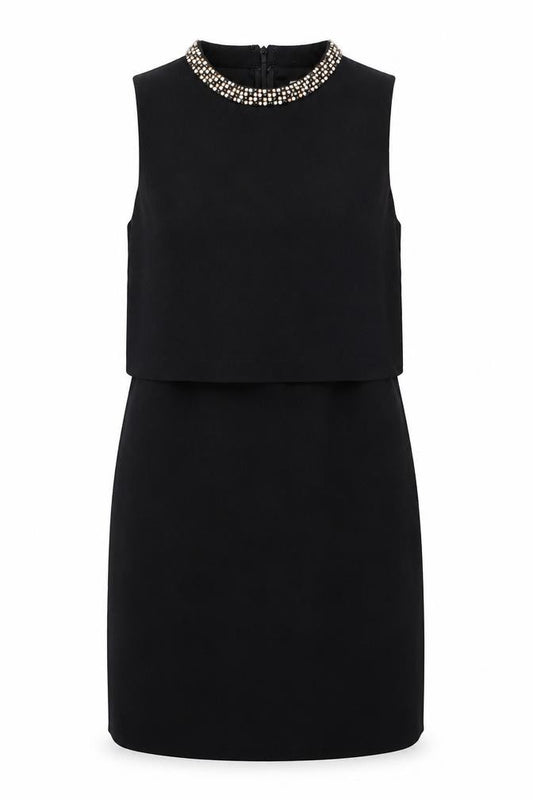 Front view of ASOS women’s black polyester a-line, size UK 10, round neck zip - jeweled detail