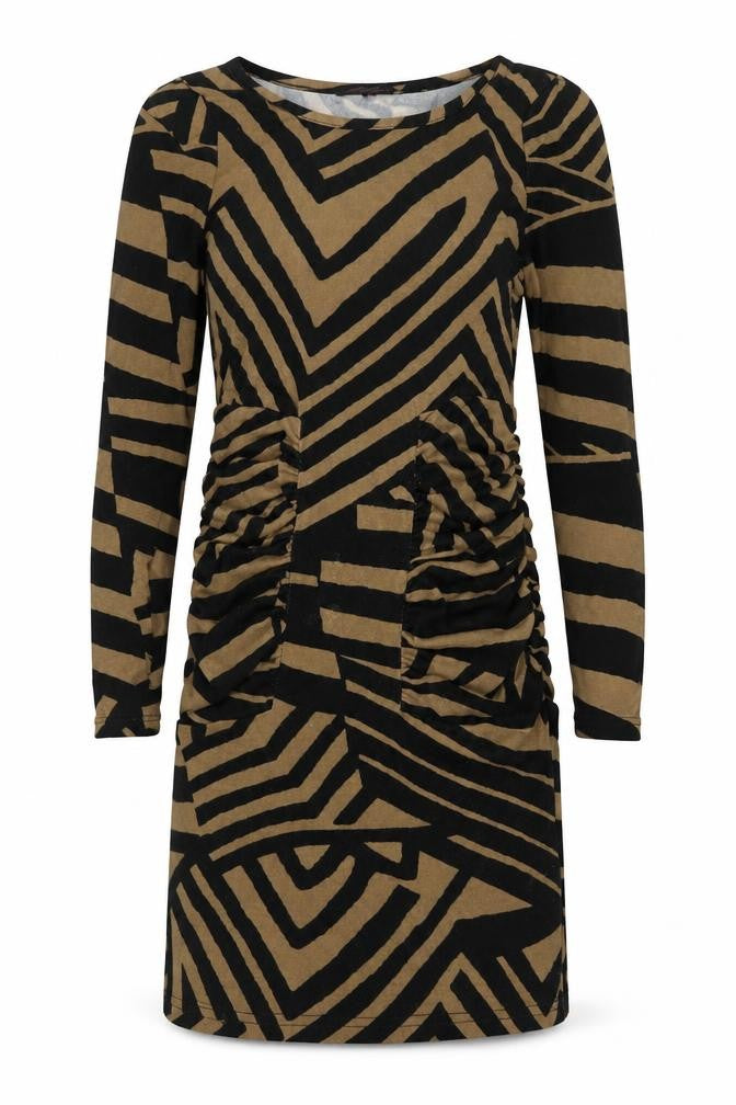 Front view of Lila women’s brown striped polyester jumper dress, size UK 10, round neck pullover