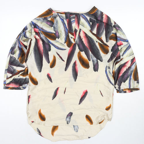 Zara Womens Multicoloured Polyester Tunic Blouse Size XS V-Neck - Feathers
