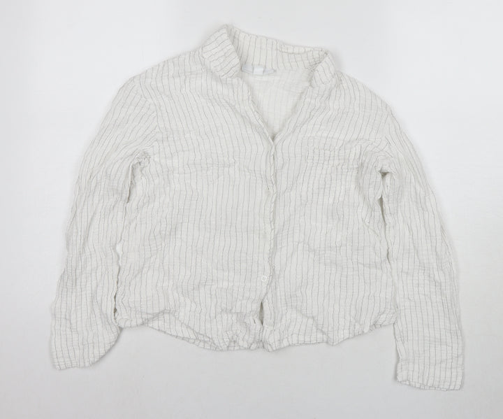 The White Company Womens White Striped Polyester Basic Button-Up Size M Collared