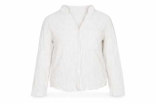 Front view of The White Company women’s white striped polyester basic button-up, size M, collared