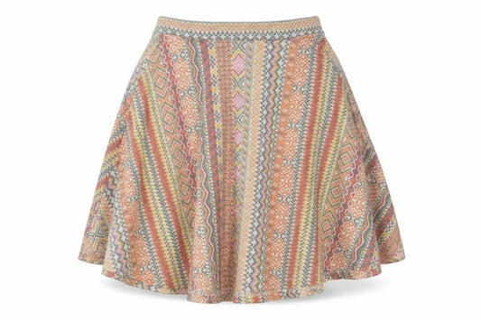 Front view of River Island women’s multicoloured geometric cotton swing skirt, size UK 6