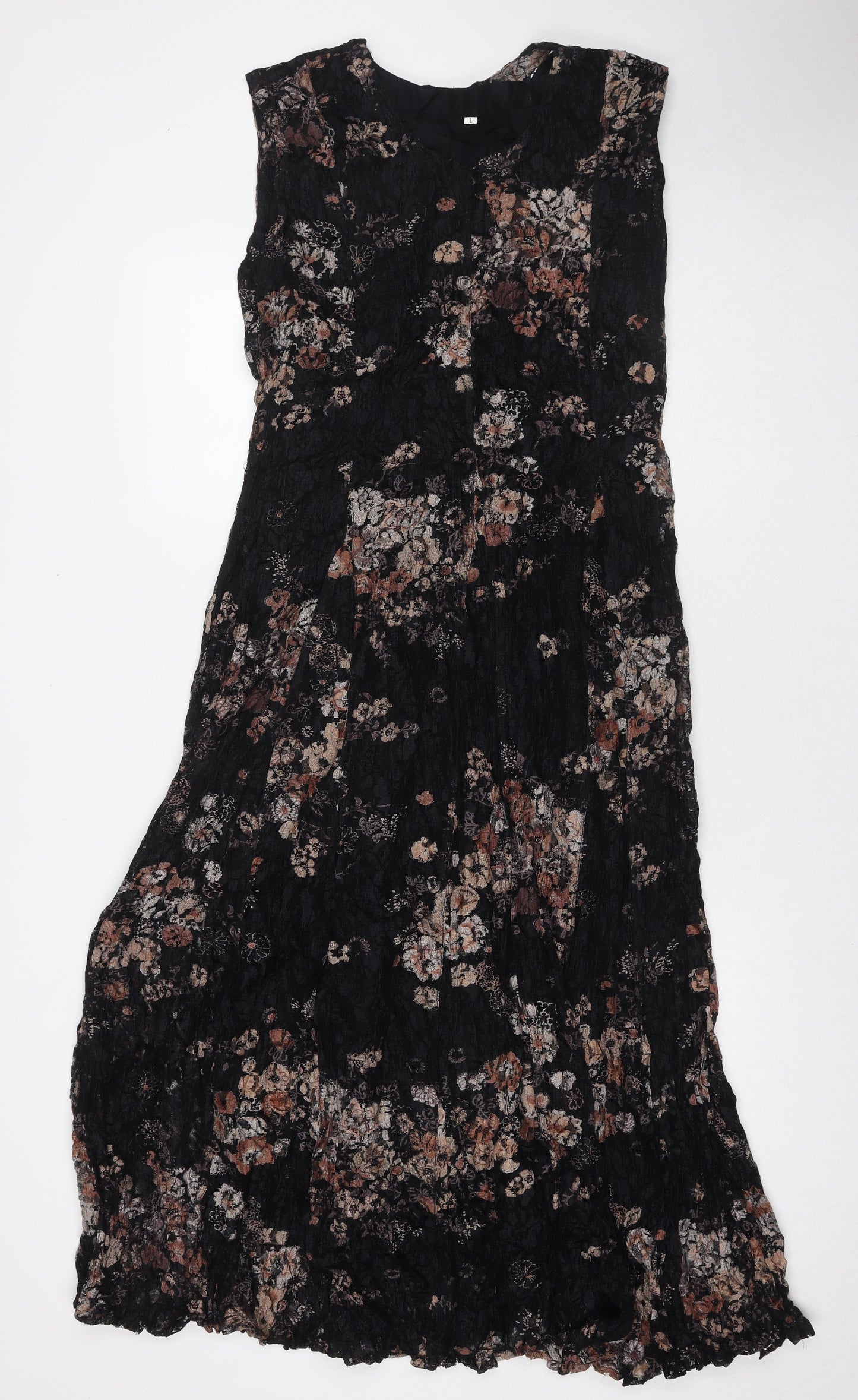 Classic Womens Black Floral Polyester Maxi Size L V-Neck Pullover