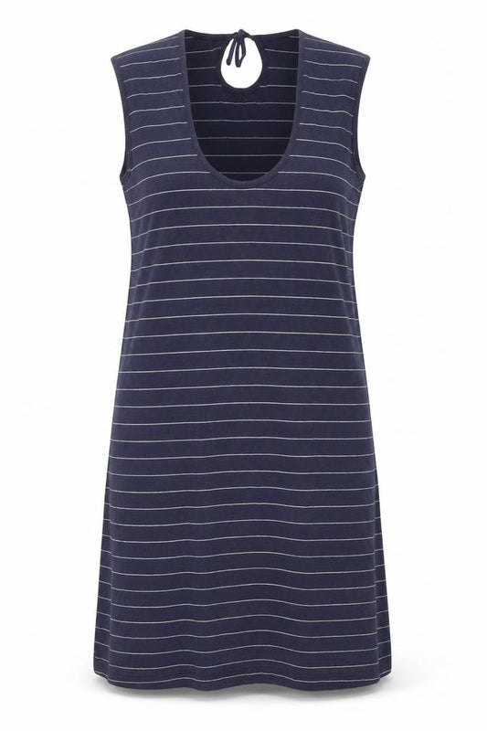 Front view of Racing Green women’s blue striped cotton tank dress, size UK 18, round neck pullover