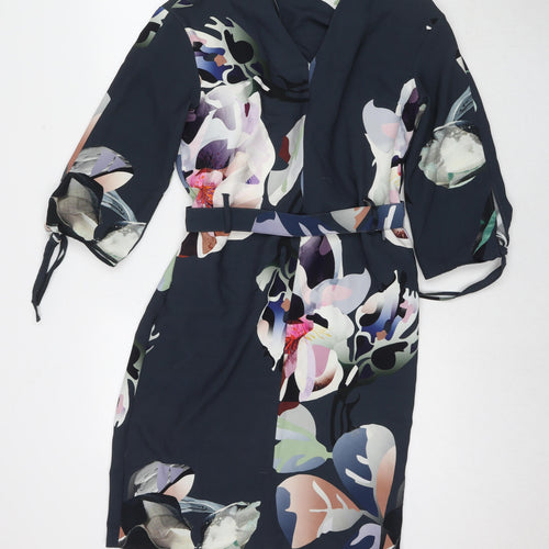 NEXT Womens Blue Floral Polyester A-Line Size 6 V-Neck Pullover