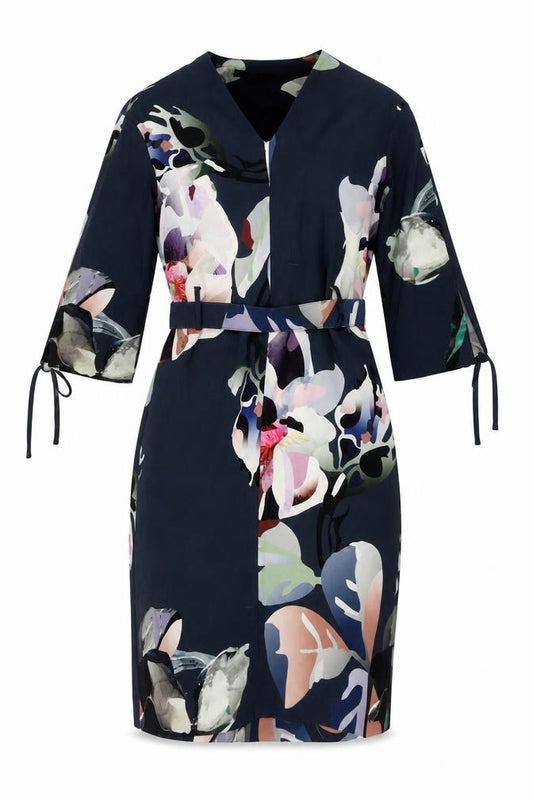 Front view of Next women’s blue floral polyester a-line, size UK 6, v-neck pullover