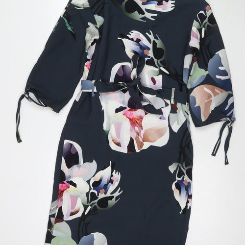 NEXT Womens Blue Floral Polyester A-Line Size 6 V-Neck Pullover