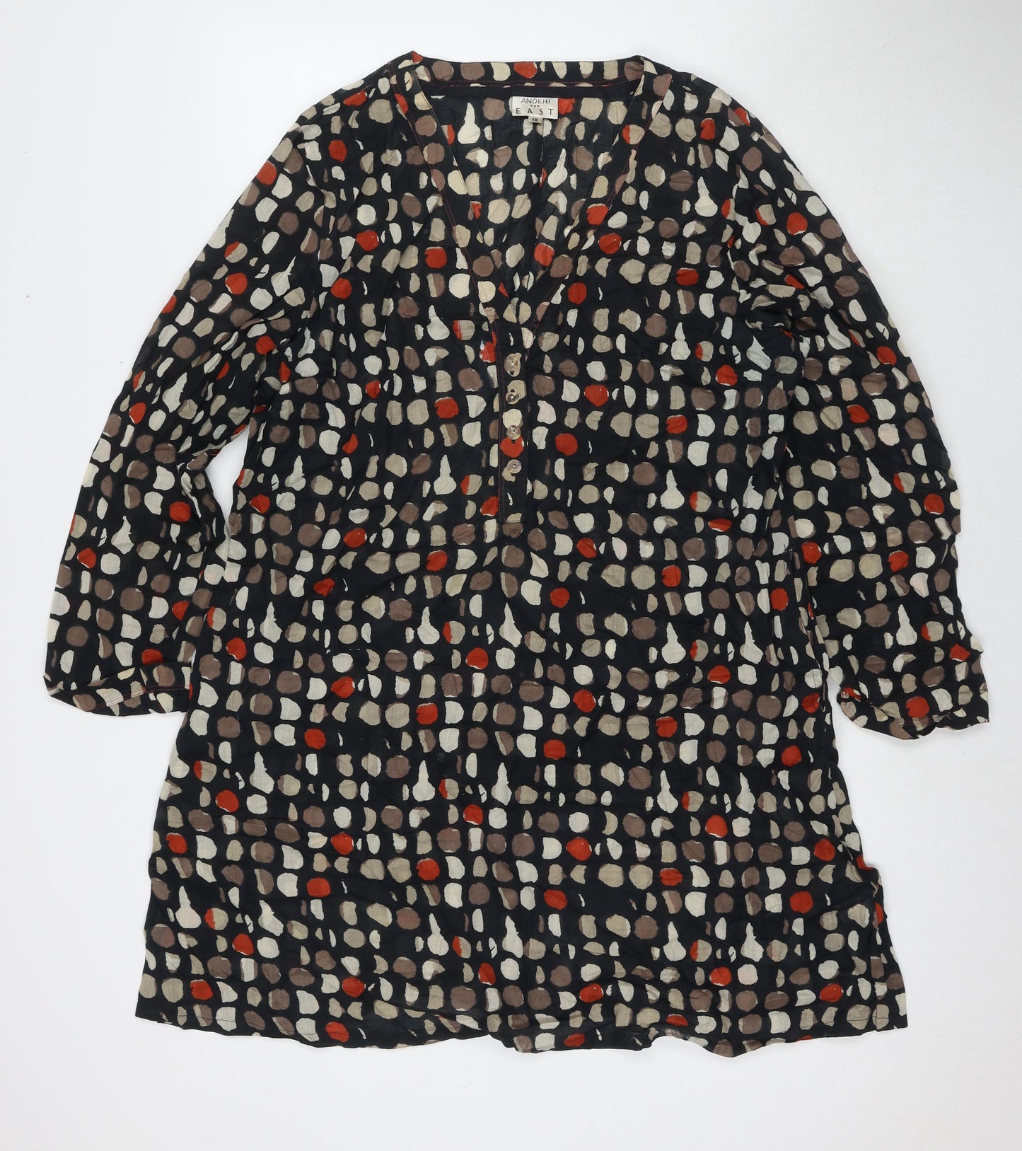 EAST Womens Black Polka Dot Cotton Shirt Dress Size 18 V-Neck Pullover