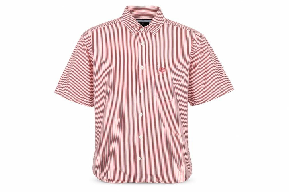 Front view of Blue Harbour men’s red striped cotton button-up, size M, collared button