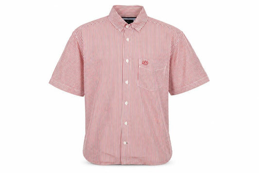 Front view of Blue Harbour men’s red striped cotton button-up, size M, collared button