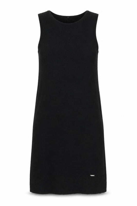 Front view of Simple Urban Pieces women’s black viscose tank dress, size UK 8, off the shoulder pullover