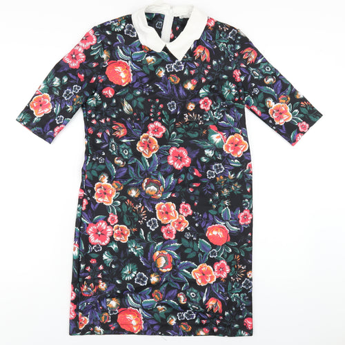 Zara Womens Multicoloured Floral Cotton A-Line Size S Collared Zip