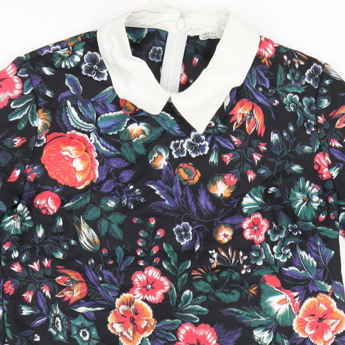 Zara Womens Multicoloured Floral Cotton A-Line Size S Collared Zip