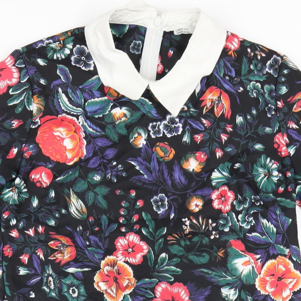 Zara Womens Multicoloured Floral Cotton A-Line Size S Collared Zip