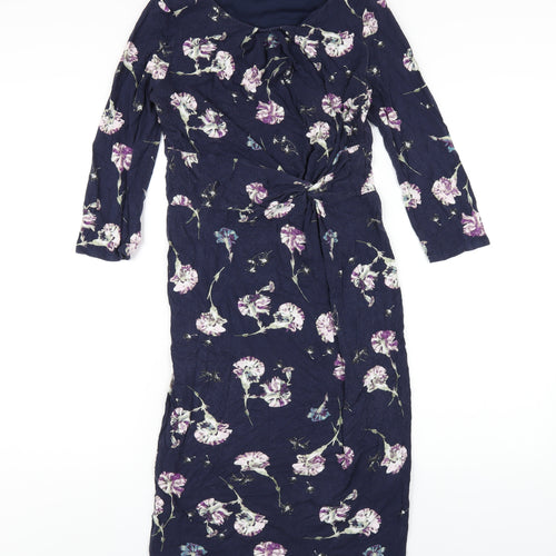 Classic Womens Blue Floral Viscose Bodycon Size 10 Round Neck Pullover