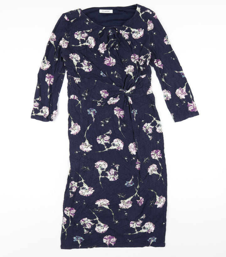 Classic Womens Blue Floral Viscose Bodycon Size 10 Round Neck Pullover