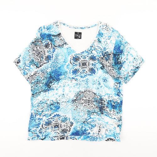 TIGI Womens Blue Geometric Cotton Basic T-Shirt Size 10 V-Neck