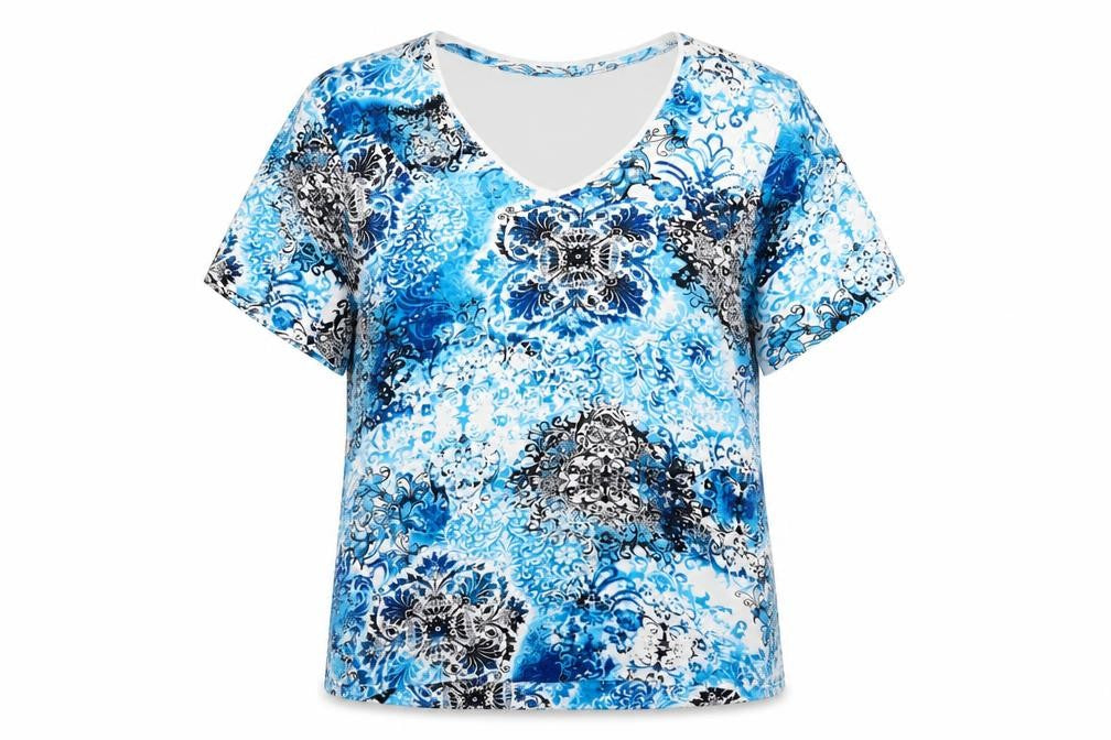 Front view of TIGI women’s blue geometric cotton basic t-shirt, size UK 10, v-neck