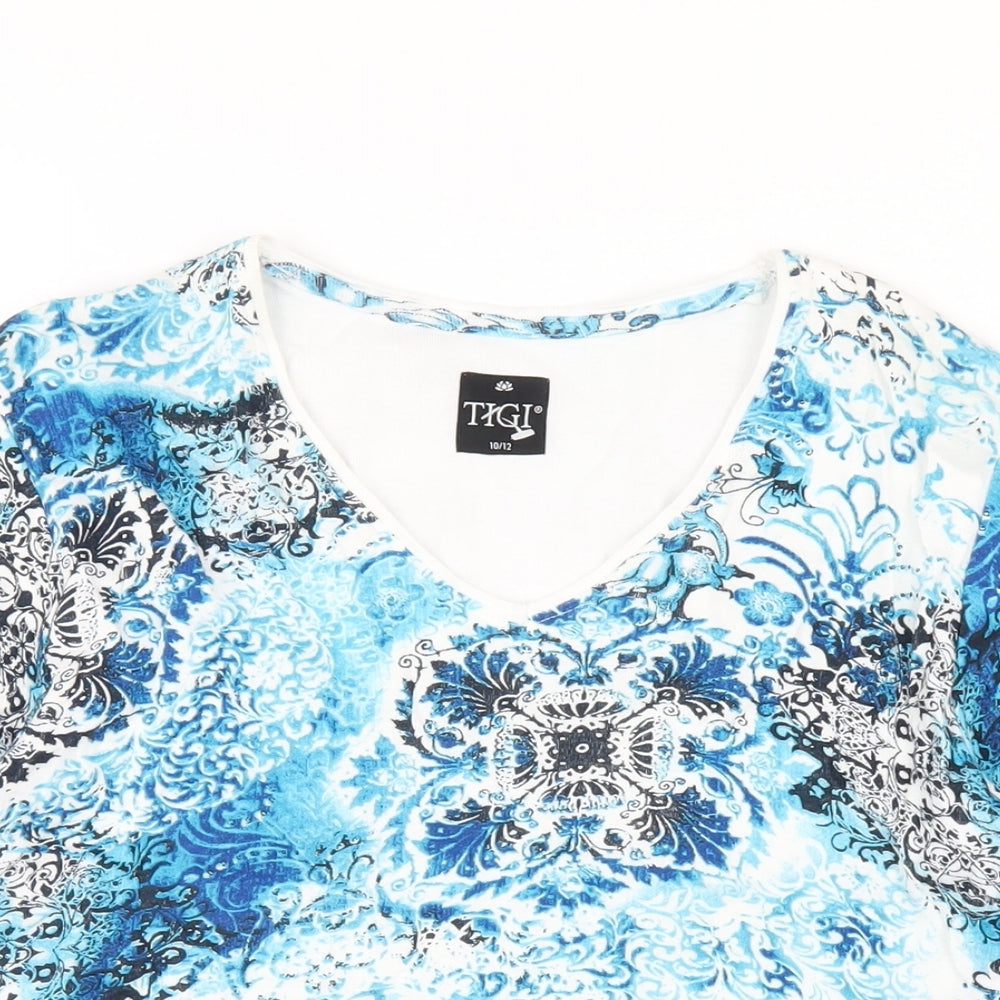 TIGI Womens Blue Geometric Cotton Basic T-Shirt Size 10 V-Neck