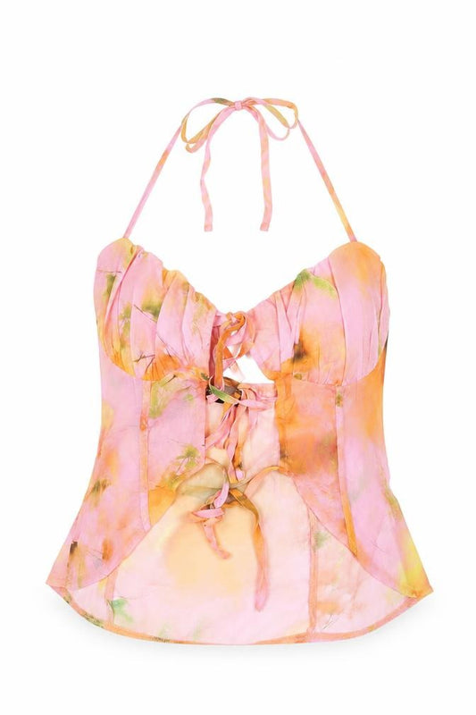 Front view of PRETTYLITTLETHING women’s multicoloured geometric polyester basic blouse, size UK 10, halter