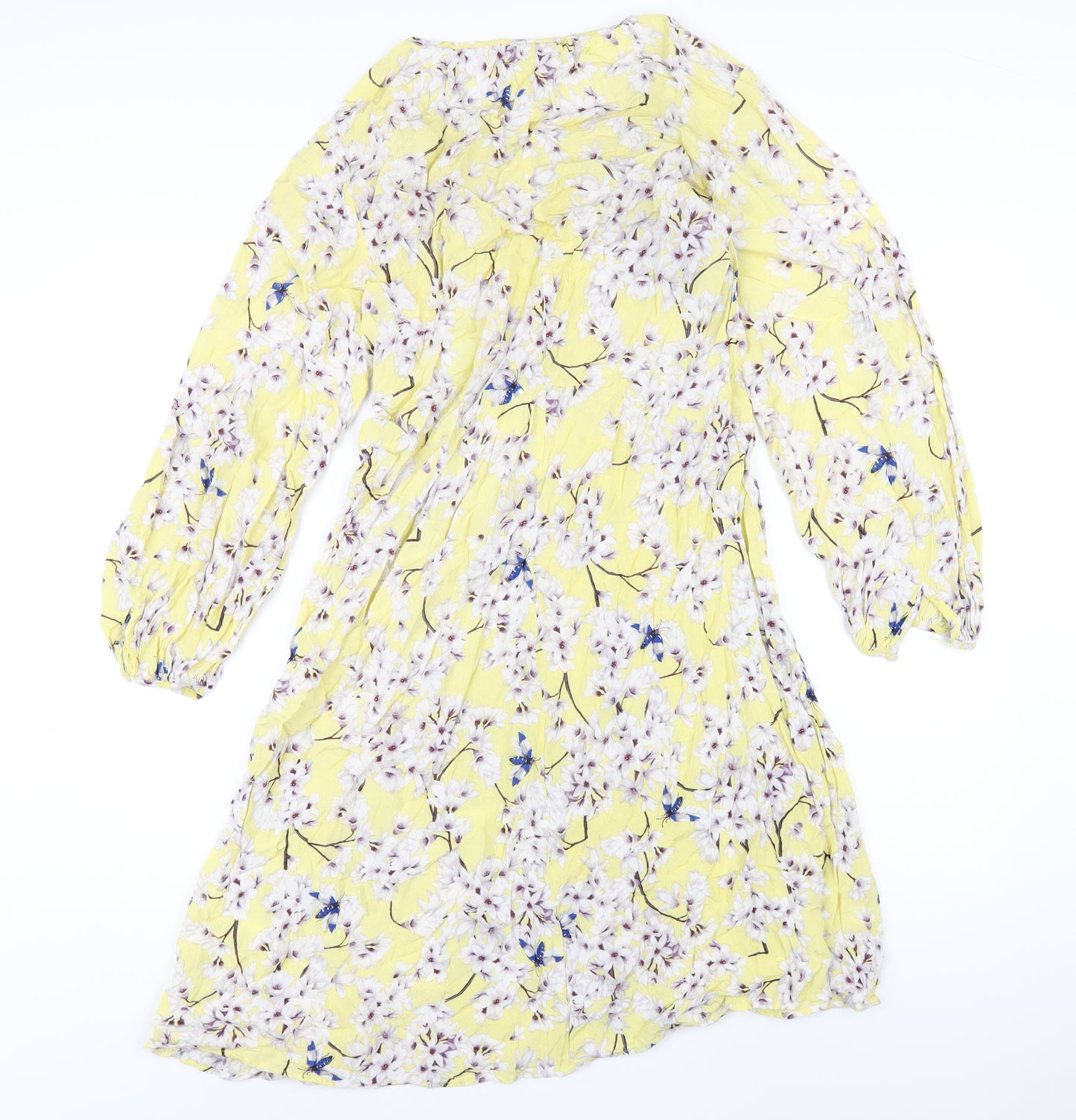 H&M Womens Yellow Floral Viscose A-Line Size 8 Round Neck Pullover