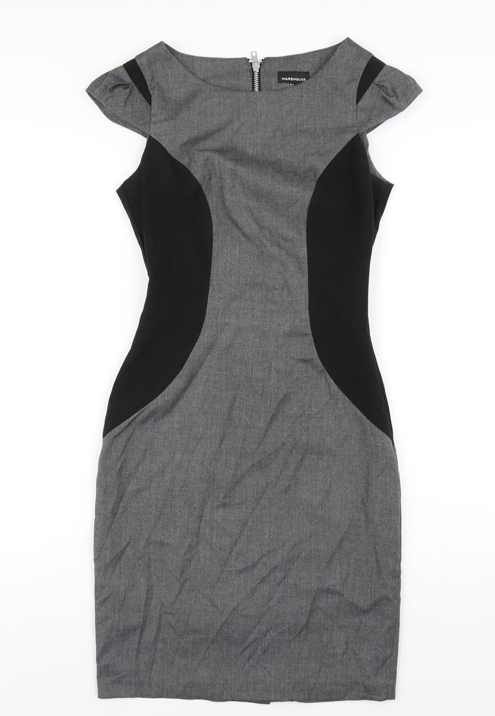 Warehouse Womens Grey Polyester Pencil Dress Size 8 Round Neck Zip