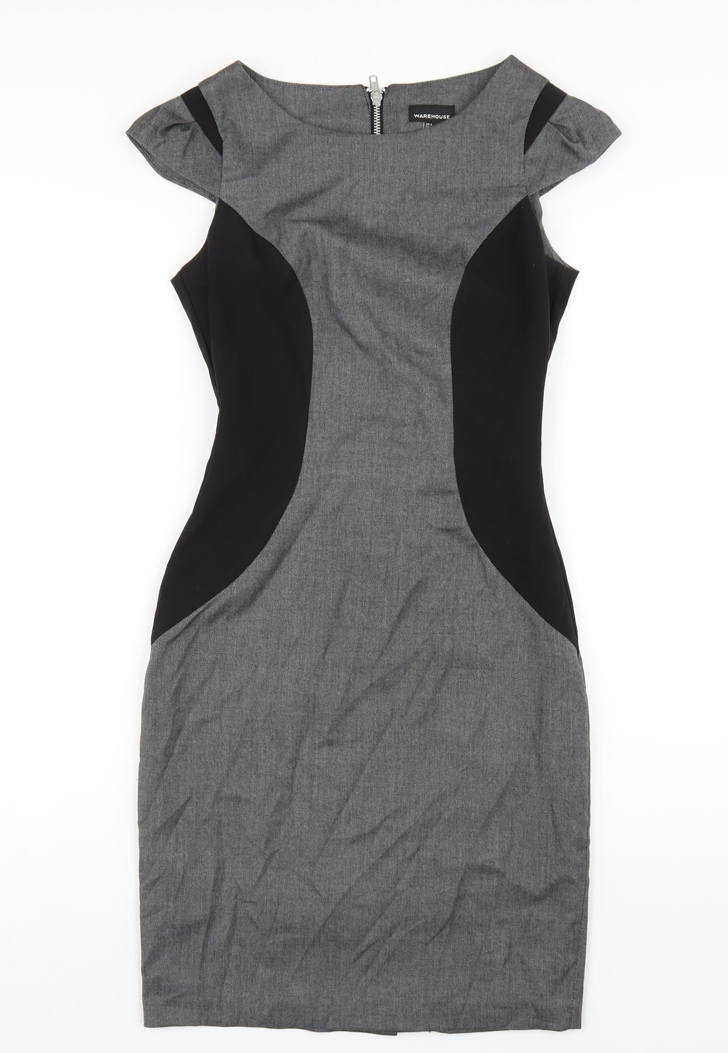 Warehouse Womens Grey Polyester Pencil Dress Size 8 Round Neck Zip