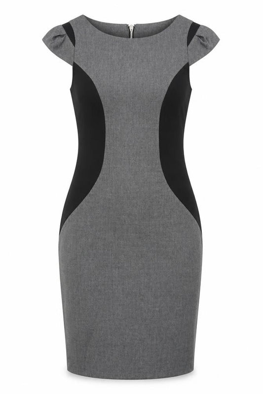 Front view of Warehouse women’s grey polyester pencil dress, size UK 8, round neck zip